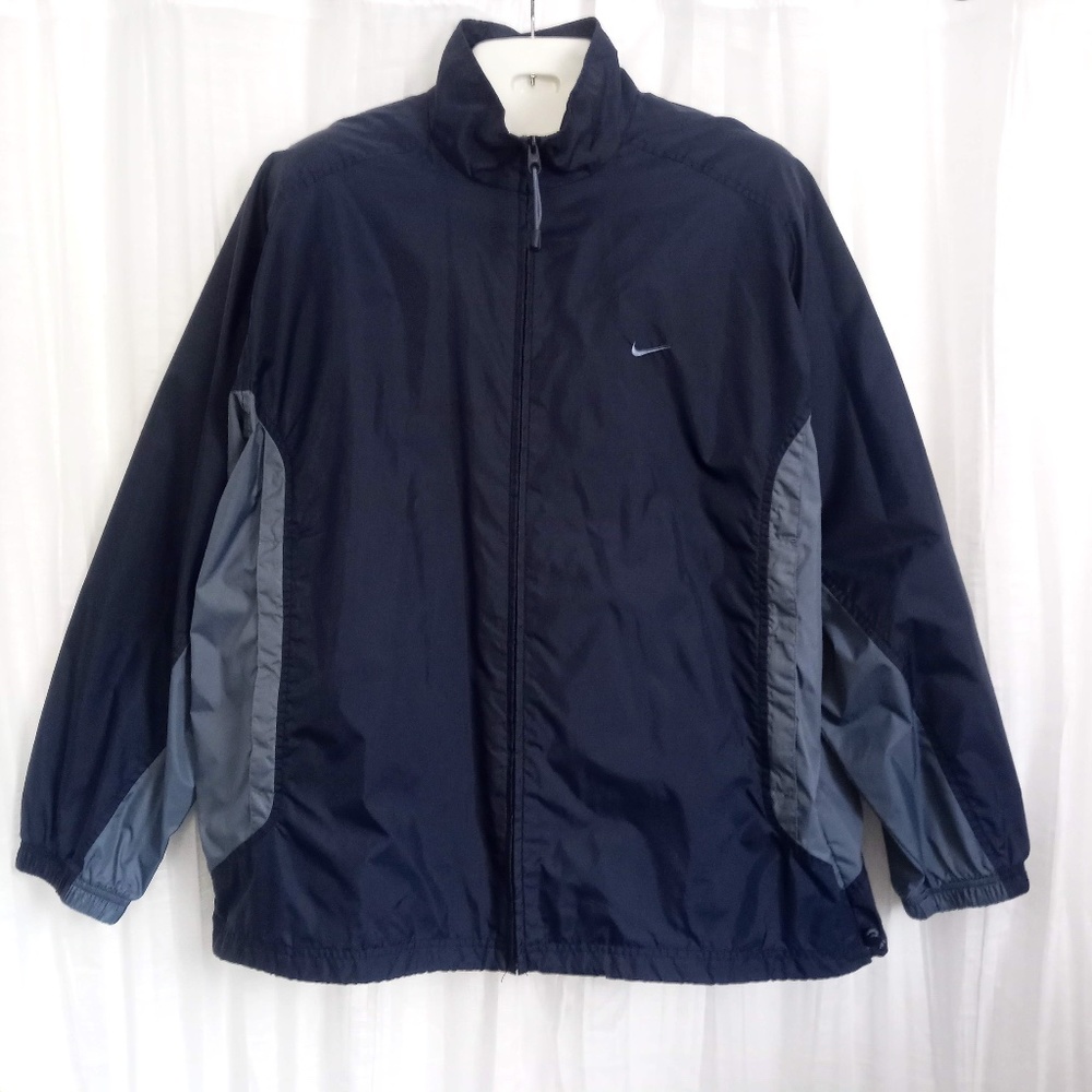 NIKE Blue Windbreaker Mesh Lined Swoosh Drawstring Waist Zipper Pockets Men XL
